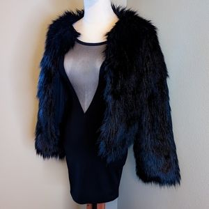 H&M black shaggy faux fur cropped coat jacket